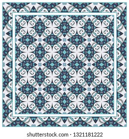  Hand drawn artistic background. Seamless pattern with ornate frame border, doodle  geometric ornament. Bandana shawl, tablecloth fabric print, silk neck scarf, kerchief design. Vector illustration