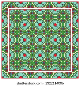  Hand drawn artistic background. Seamless pattern with ornate frame border, doodle floral ornament. Bandana shawl, tablecloth fabric print, silk neck scarf, kerchief design. Vector illustration