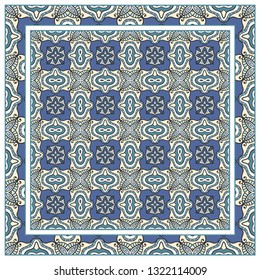  Hand drawn artistic background. Seamless pattern with ornate frame border, doodle floral ornament. Bandana shawl, tablecloth fabric print, silk neck scarf, kerchief design. Vector illustration