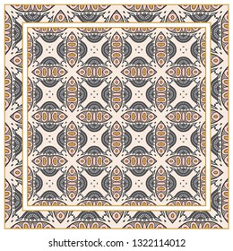 Hand drawn artistic background. Seamless pattern with ornate frame border, doodle floral ornament. Bandana shawl, tablecloth fabric print, silk neck scarf, kerchief design. Vector illustration