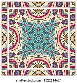  Hand drawn artistic background. Seamless pattern with ornate frame border, doodle floral ornament. Bandana shawl, tablecloth fabric print, silk neck scarf, kerchief design. Vector illustration