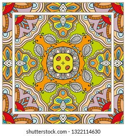  Hand drawn artistic background. Seamless pattern with ornate frame border, doodle floral ornament. Bandana shawl, tablecloth fabric print, silk neck scarf, kerchief design. Vector illustration