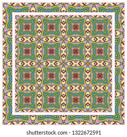 Hand drawn artistic background. Seamless pattern with ornate frame border, doodle floral ornament. Bandana shawl, tablecloth fabric print, silk neck scarf, kerchief design. Vector illustration