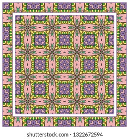  Hand drawn artistic background. Seamless pattern with ornate frame border, doodle floral ornament. Bandana shawl, tablecloth fabric print, silk neck scarf, kerchief design. Vector illustration