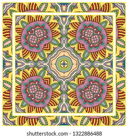  Hand drawn artistic background. Seamless pattern with ornate frame border, doodle floral ornament. Bandana shawl, tablecloth fabric print, silk neck scarf, kerchief design. Vector illustration