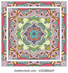  Hand drawn artistic background. Seamless pattern with ornate frame border, doodle floral ornament. Bandana shawl, tablecloth fabric print, silk neck scarf, kerchief design. Vector illustration