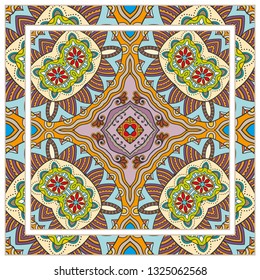  Hand drawn artistic background. Seamless pattern with ornate frame border, doodle floral ornament. Bandana shawl, tablecloth fabric print, silk neck scarf, kerchief design. Vector illustration