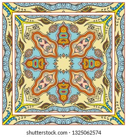  Hand drawn artistic background. Seamless pattern with ornate frame border, doodle floral ornament. Bandana shawl, tablecloth fabric print, silk neck scarf, kerchief design. Vector illustration