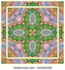  Hand drawn artistic background. Seamless pattern with ornate frame border, doodle floral ornament. Bandana shawl, tablecloth fabric print, silk neck scarf, kerchief design. Vector illustration