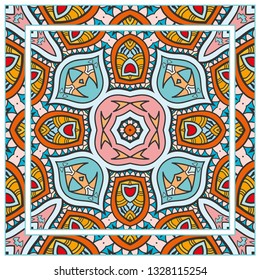  Hand drawn artistic background. Seamless pattern with ornate frame border, doodle floral ornament. Bandana shawl, tablecloth fabric print, silk neck scarf, kerchief design. Vector illustration