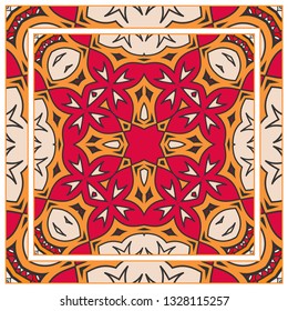  Hand drawn artistic background. Seamless pattern with ornate frame border, doodle floral ornament. Bandana shawl, tablecloth fabric print, silk neck scarf, kerchief design. Vector illustration