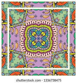  Hand drawn artistic background. Seamless pattern with ornate frame border, doodle floral ornament. Bandana shawl, tablecloth fabric print, silk neck scarf, kerchief design. Vector illustration