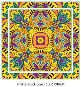  Hand drawn artistic background. Seamless pattern with ornate frame border, doodle floral ornament. Bandana shawl, tablecloth fabric print, silk neck scarf, kerchief design. Vector illustration