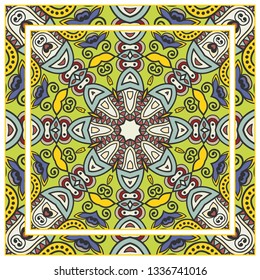  Hand drawn artistic background. Seamless pattern with ornate frame border, doodle floral ornament. Bandana shawl, tablecloth fabric print, silk neck scarf, kerchief design. Vector illustration