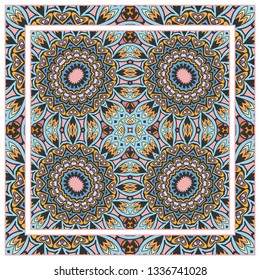  Hand drawn artistic background. Seamless pattern with ornate frame border, doodle floral ornament. Bandana shawl, tablecloth fabric print, silk neck scarf, kerchief design. Vector illustration
