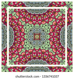  Hand drawn artistic background. Seamless pattern with ornate frame border, doodle floral ornament. Bandana shawl, tablecloth fabric print, silk neck scarf, kerchief design. Vector illustration