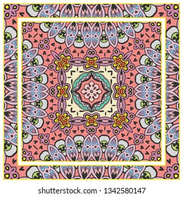 Hand drawn artistic background. Seamless mandala pattern with ornate frame border, doodle floral ornament. Bandana shawl, tablecloth fabric print, silk neck scarf, kerchief design. Vector illustration