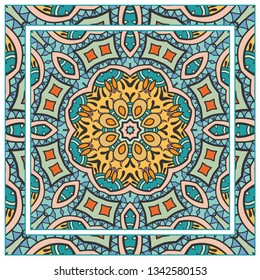 Hand drawn artistic background. Seamless mandala pattern with ornate frame border, doodle floral ornament. Bandana shawl, tablecloth fabric print, silk neck scarf, kerchief design. Vector illustration