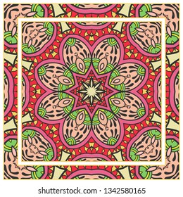 Hand drawn artistic background. Seamless mandala pattern with ornate frame border, doodle floral ornament. Bandana shawl, tablecloth fabric print, silk neck scarf, kerchief design. Vector illustration