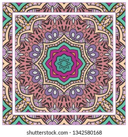 Hand drawn artistic background. Seamless mandala pattern with ornate frame border, doodle floral ornament. Bandana shawl, tablecloth fabric print, silk neck scarf, kerchief design. Vector illustration