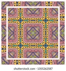  Hand drawn artistic background. Seamless pattern with ornate frame border, doodle floral ornament. Bandana shawl, tablecloth fabric print, silk neck scarf, kerchief design. Vector illustration