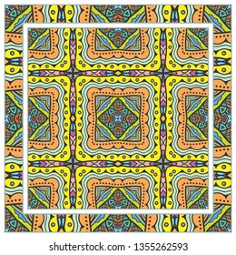  Hand drawn artistic background. Seamless pattern with ornate frame border, doodle floral ornament. Bandana shawl, tablecloth fabric print, silk neck scarf, kerchief design. Vector illustration
