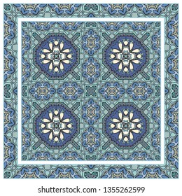  Hand drawn artistic background. Seamless pattern with ornate frame border, doodle floral ornament. Bandana shawl, tablecloth fabric print, silk neck scarf, kerchief design. Vector illustration