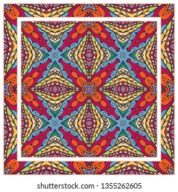  Hand drawn artistic background. Seamless pattern with ornate frame border, doodle floral ornament. Bandana shawl, tablecloth fabric print, silk neck scarf, kerchief design. Vector illustration