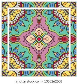  Hand drawn artistic background. Seamless pattern with ornate frame border, doodle floral ornament. Bandana shawl, tablecloth fabric print, silk neck scarf, kerchief design. Vector illustration