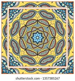  Hand drawn artistic background. Seamless pattern with ornate frame border, doodle floral ornament. Bandana shawl, tablecloth fabric print, silk neck scarf, kerchief design. Vector illustration