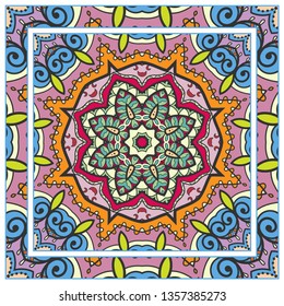  Hand drawn artistic background. Seamless pattern with ornate frame border, doodle floral ornament. Bandana shawl, tablecloth fabric print, silk neck scarf, kerchief design. Vector illustration