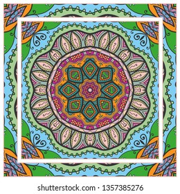  Hand drawn artistic background. Seamless pattern with ornate frame border, doodle floral ornament. Bandana shawl, tablecloth fabric print, silk neck scarf, kerchief design. Vector illustration