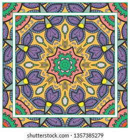  Hand drawn artistic background. Seamless pattern with ornate frame border, doodle floral ornament. Bandana shawl, tablecloth fabric print, silk neck scarf, kerchief design. Vector illustration
