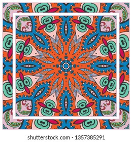  Hand drawn artistic background. Seamless pattern with ornate frame border, doodle floral ornament. Bandana shawl, tablecloth fabric print, silk neck scarf, kerchief design. Vector illustration