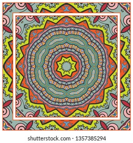  Hand drawn artistic background. Seamless pattern with ornate frame border, doodle floral ornament. Bandana shawl, tablecloth fabric print, silk neck scarf, kerchief design. Vector illustration
