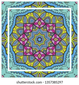 Hand drawn artistic background. Seamless pattern with ornate frame border, doodle floral ornament. Bandana shawl, tablecloth fabric print, silk neck scarf, kerchief design. Vector illustration