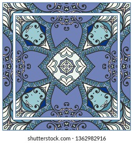  Hand drawn artistic background. Seamless pattern with ornate frame border, doodle floral ornament. Bandana shawl, tablecloth fabric print, silk neck scarf, kerchief design. Vector illustration