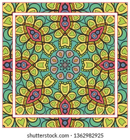  Hand drawn artistic background. Seamless pattern with ornate frame border, doodle floral ornament. Bandana shawl, tablecloth fabric print, silk neck scarf, kerchief design. Vector illustration