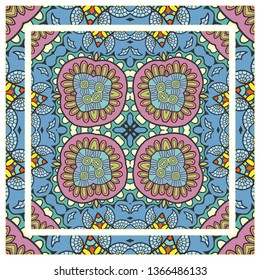  Hand drawn artistic background. Seamless pattern with ornate frame border, doodle floral ornament. Bandana shawl, tablecloth fabric print, silk neck scarf, kerchief design. Vector illustration