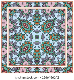  Hand drawn artistic background. Seamless pattern with ornate frame border, doodle floral ornament. Bandana shawl, tablecloth fabric print, silk neck scarf, kerchief design. Vector illustration
