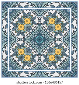  Hand drawn artistic background. Seamless pattern with ornate frame border, doodle floral ornament. Bandana shawl, tablecloth fabric print, silk neck scarf, kerchief design. Vector illustration