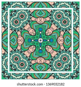  Hand drawn artistic background. Seamless pattern with ornate frame border, doodle floral ornament. Bandana shawl, tablecloth fabric print, silk neck scarf, kerchief design. Vector illustration