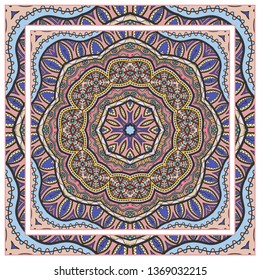  Hand drawn artistic background. Seamless pattern with ornate frame border, doodle floral ornament. Bandana shawl, tablecloth fabric print, silk neck scarf, kerchief design. Vector illustration