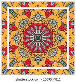  Hand drawn artistic background. Seamless pattern with ornate frame border, doodle floral ornament. Bandana shawl, tablecloth fabric print, silk neck scarf, kerchief design. Vector illustration