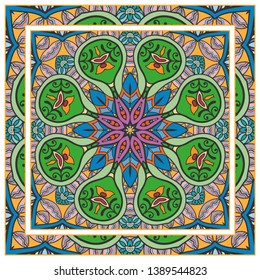  Hand drawn artistic background. Seamless pattern with ornate frame border, doodle floral ornament. Bandana shawl, tablecloth fabric print, silk neck scarf, kerchief design. Vector illustration