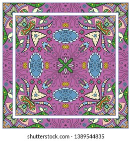  Hand drawn artistic background. Seamless pattern with ornate frame border, doodle floral ornament. Bandana shawl, tablecloth fabric print, silk neck scarf, kerchief design. Vector illustration