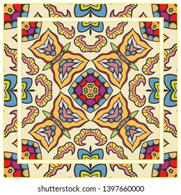  Hand drawn artistic background. Seamless pattern with ornate frame border, doodle floral ornament. Bandana shawl, tablecloth fabric print, silk neck scarf, kerchief design. Vector illustration