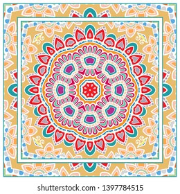  Hand drawn artistic background. Seamless pattern with ornate frame border, doodle floral ornament. Bandana shawl, tablecloth fabric print, silk neck scarf, kerchief design. Vector illustration