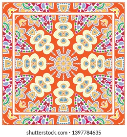  Hand drawn artistic background. Seamless pattern with ornate frame border, doodle floral ornament. Bandana shawl, tablecloth fabric print, silk neck scarf, kerchief design. Vector illustration