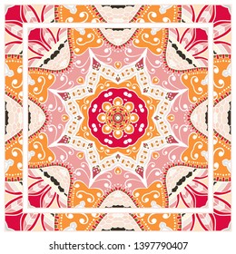  Hand drawn artistic background. Seamless pattern with ornate frame border, doodle floral ornament. Bandana shawl, tablecloth fabric print, silk neck scarf, kerchief design. Vector illustration